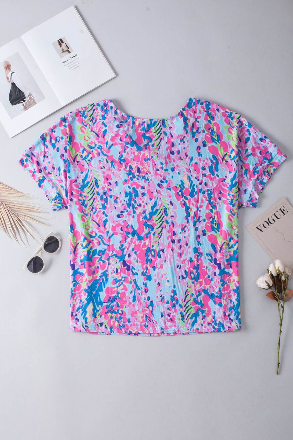 Multicolor Printed 3/4 Sleeve Split Neck Plus Size Tunic Top