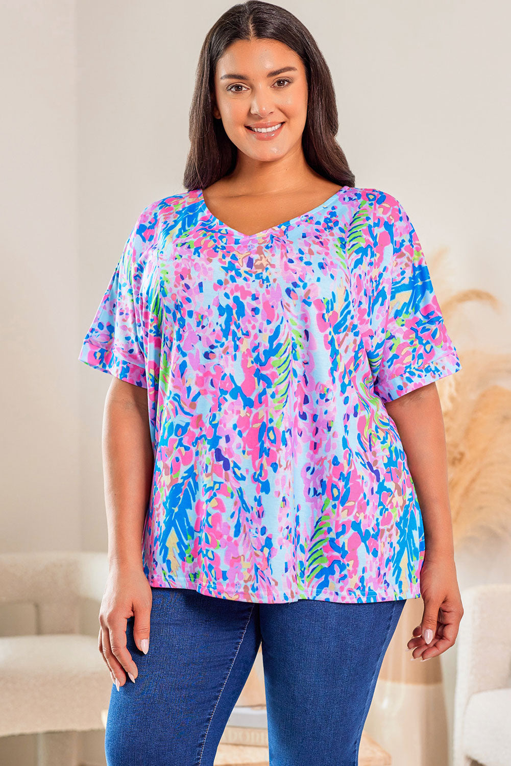 Multicolor Printed 3/4 Sleeve Split Neck Plus Size Tunic Top