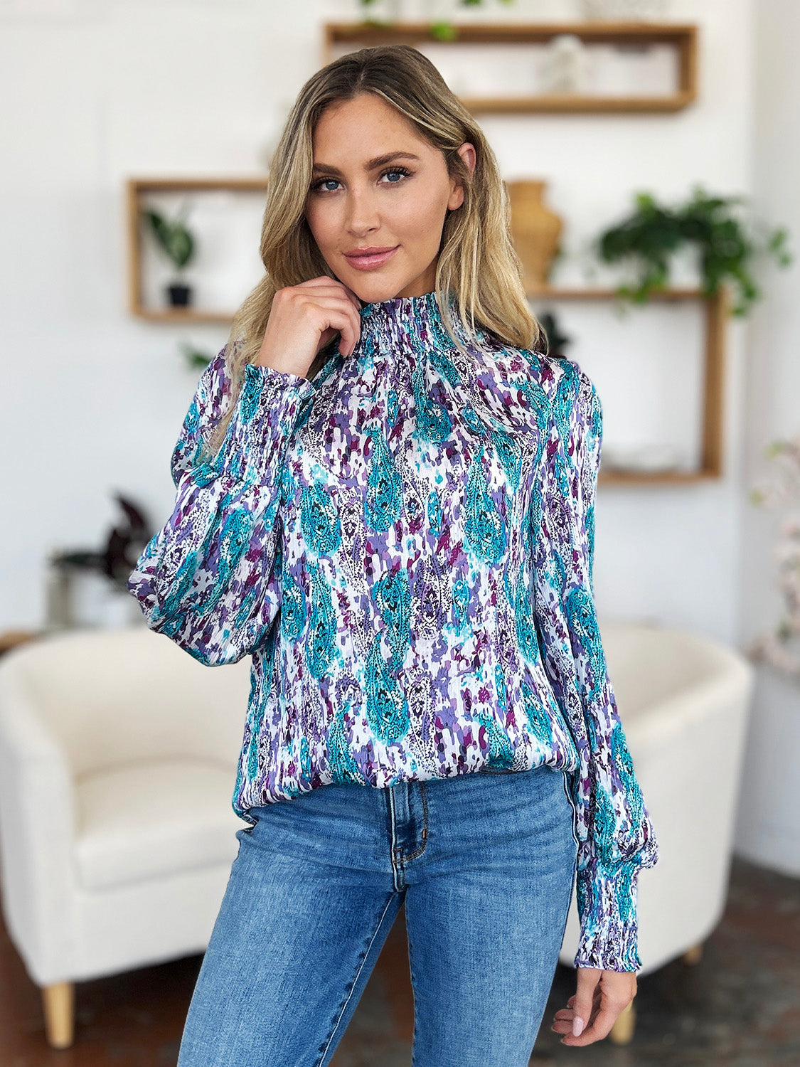 Abstract Smocked High Neck Long Sleeve Blouse