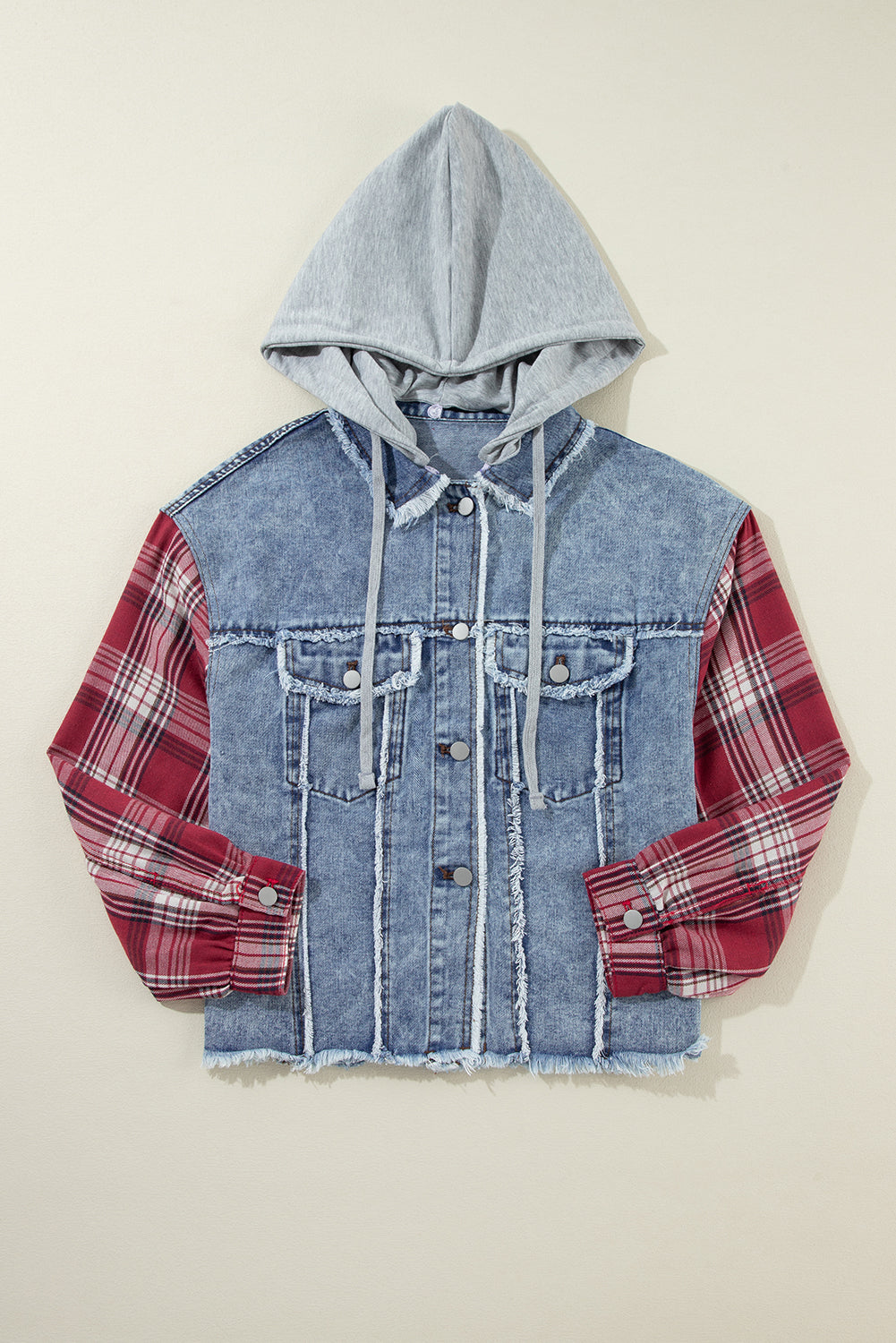 Blue Denim with Red Plaid Patchwork Hooded Raw Hem Jacket