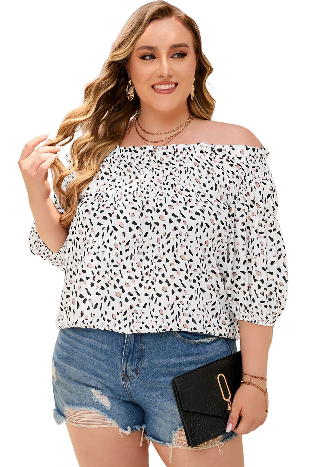Leopard Plus Size Off Shoulder Half Sleeve Blouse