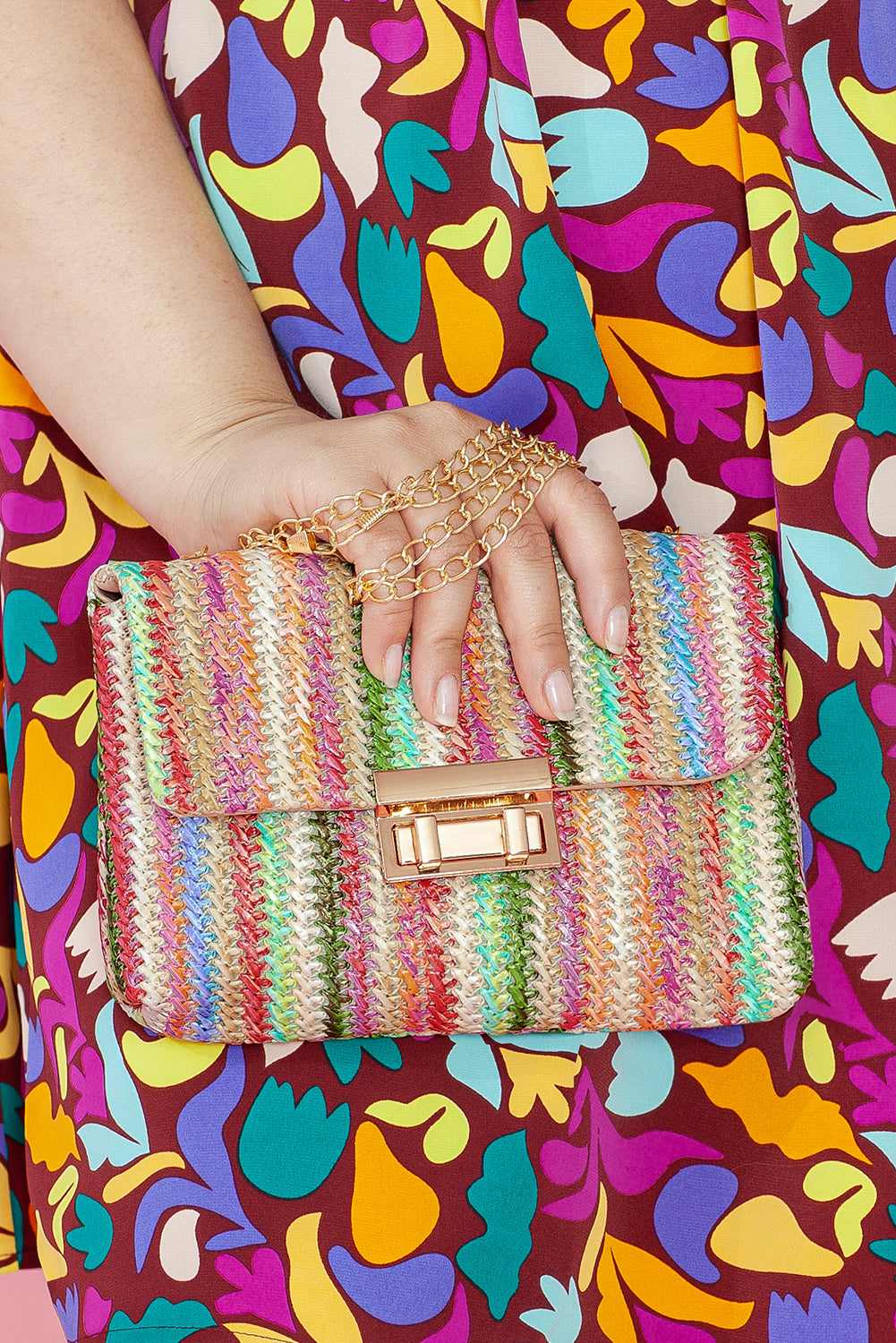 Rainbow Stripe Bohemian Woven Gold Chain Shoulder Bag