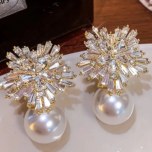 High-End Zircon Pearl Snowflake Earrings 2pcs Bazaare Mart Zircon Pearl Earrings