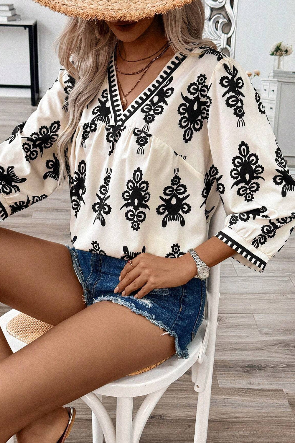 Beige Vintage Geo 3/4 Sleeve V Neck Blouse