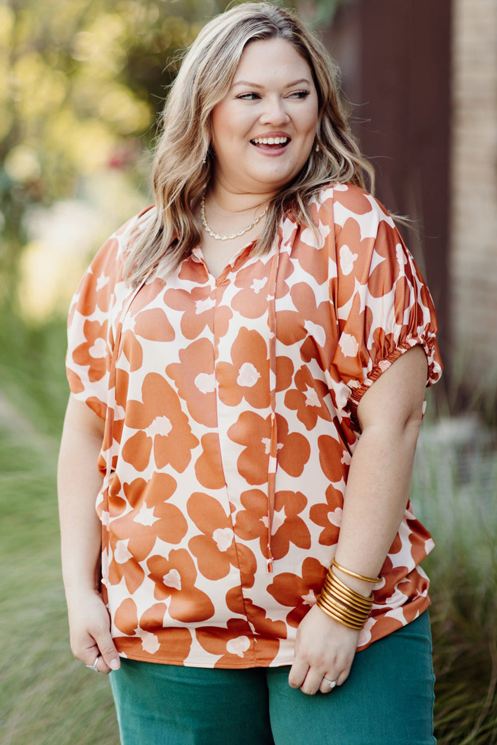 Orange Big Flower V Neck Short Sleeve Blouse