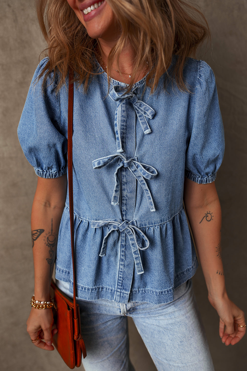 Blue Bow Front Bubble Sleeve Peplum Denim Shirt