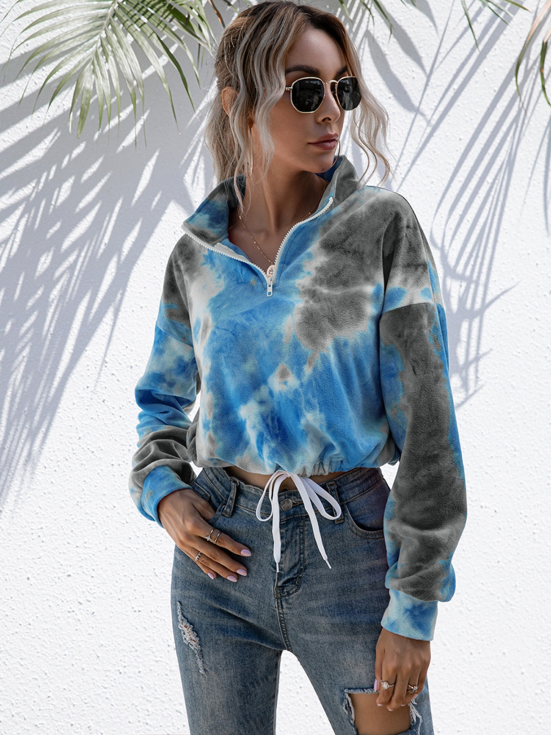 Charcoal Tie-Dye Quarter Zip Dropped Shoulder Sweatshirt