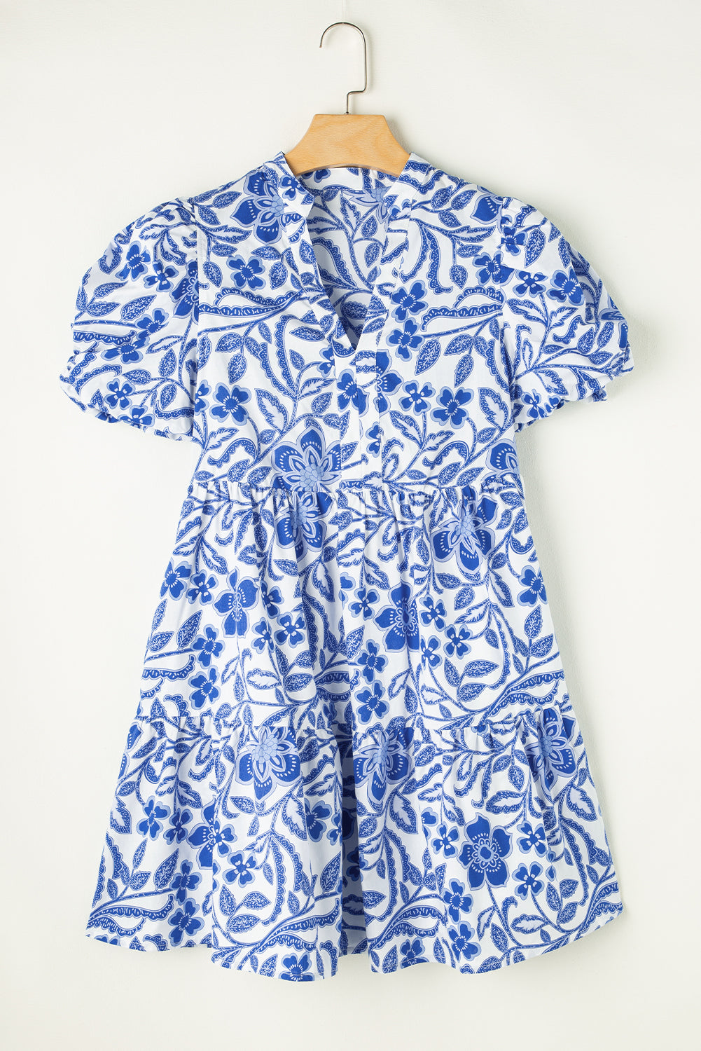 Blue Flower Print Puff Sleeve Tiered Ruffle Mini Dress