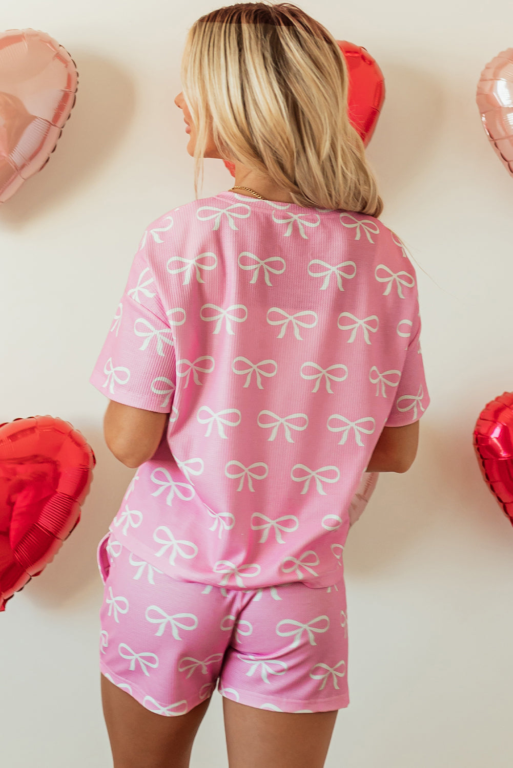Pink Waffle Knit Bow Print Shorts Set