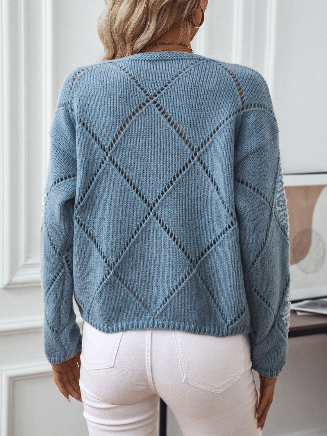 Openwork Round Neck Long Sleeve Pullover Sweater