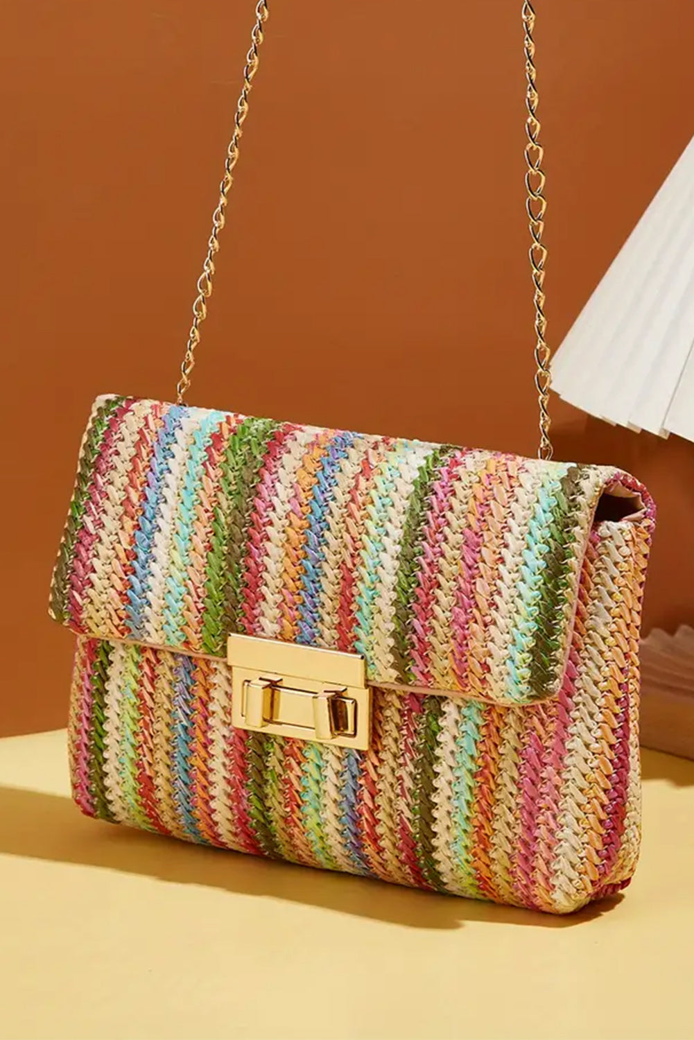 Rainbow Stripe Bohemian Woven Gold Chain Shoulder Bag