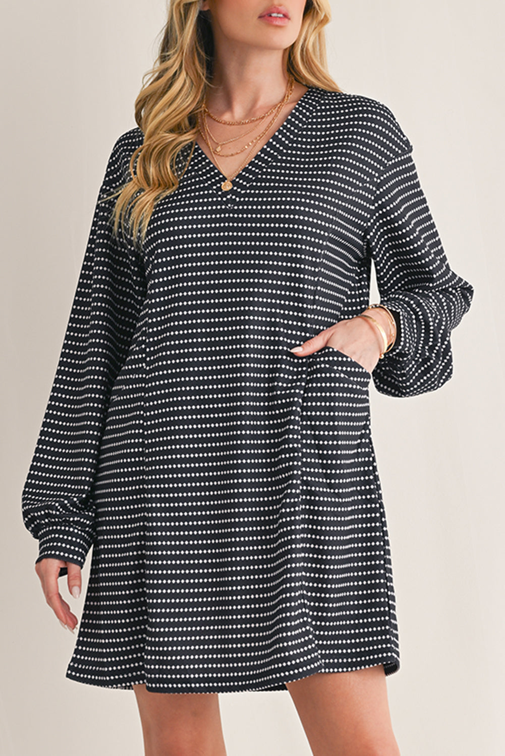 B&W Striped V-Neck Long Sleeve Dress