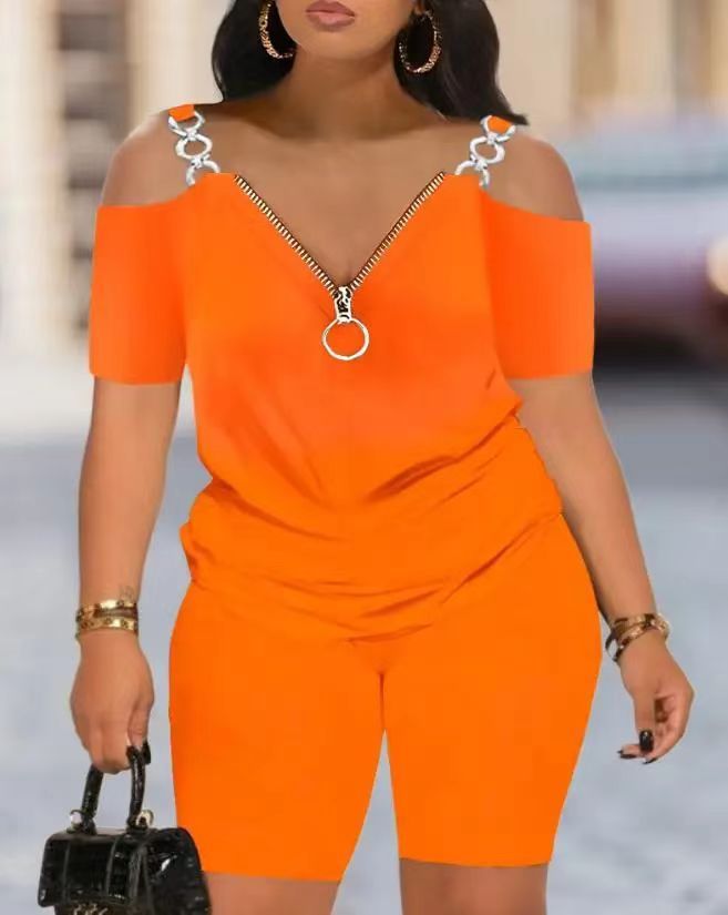 Cold Shoulder Zipper Short Sleeve Top with Shorts Set