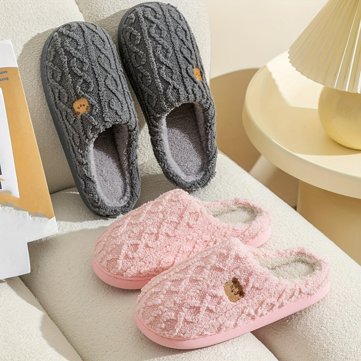 Cozy Textured Bear Print Slippers