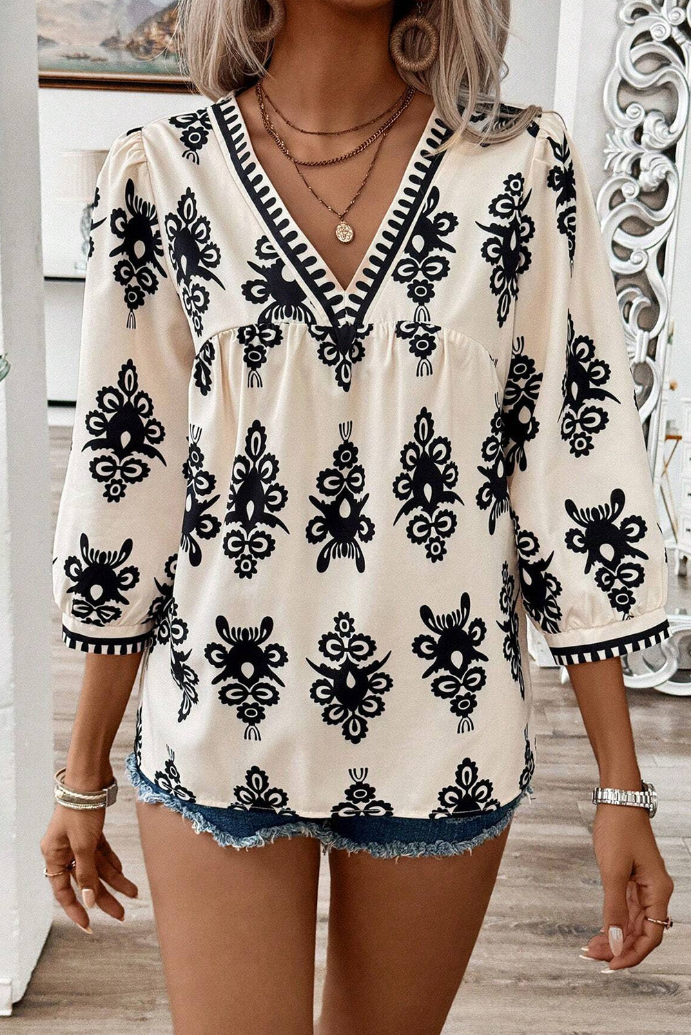 Beige Vintage Geo 3/4 Sleeve V Neck Blouse
