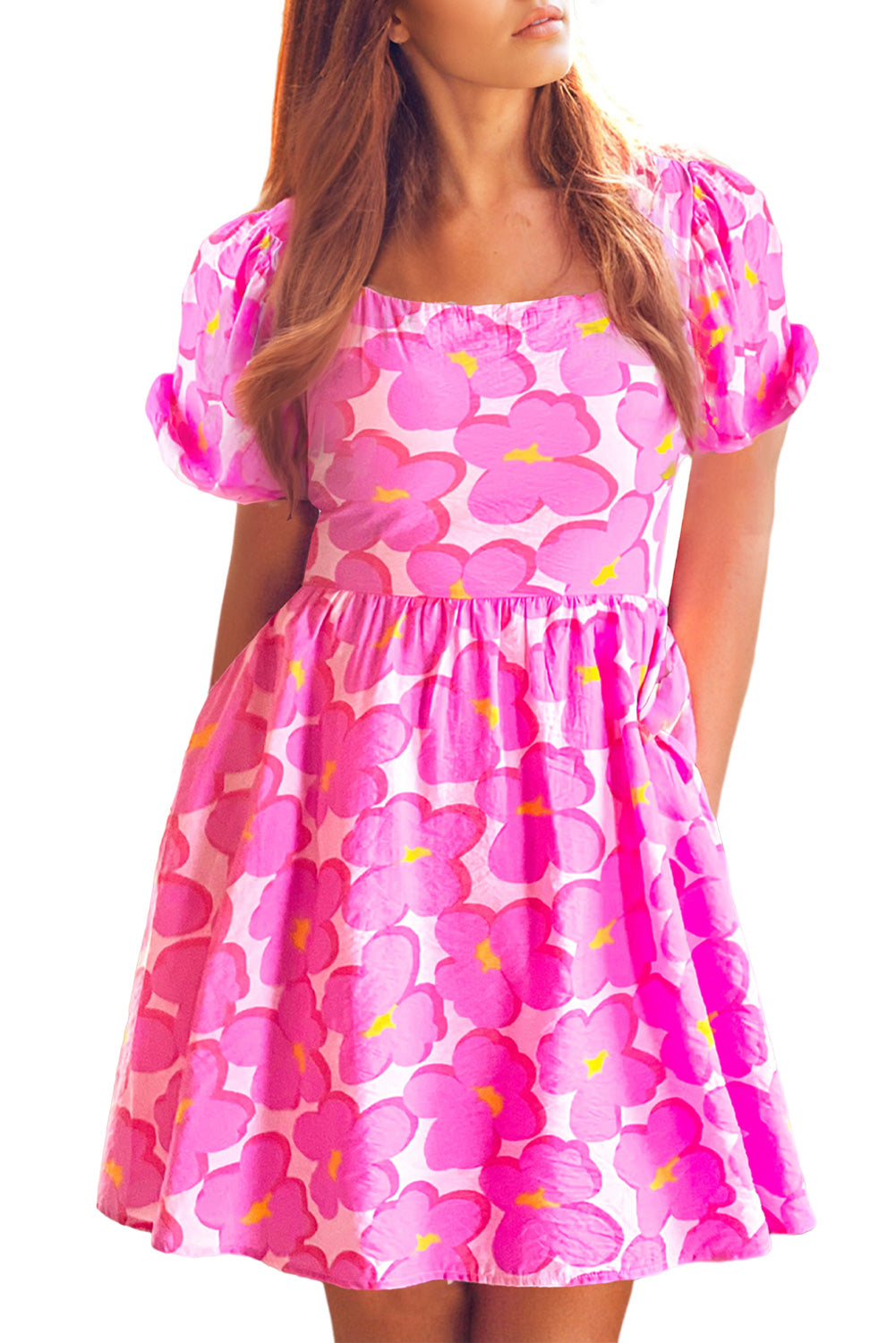 Rose Big Flower Square Neck Puff Short Sleeve Dress