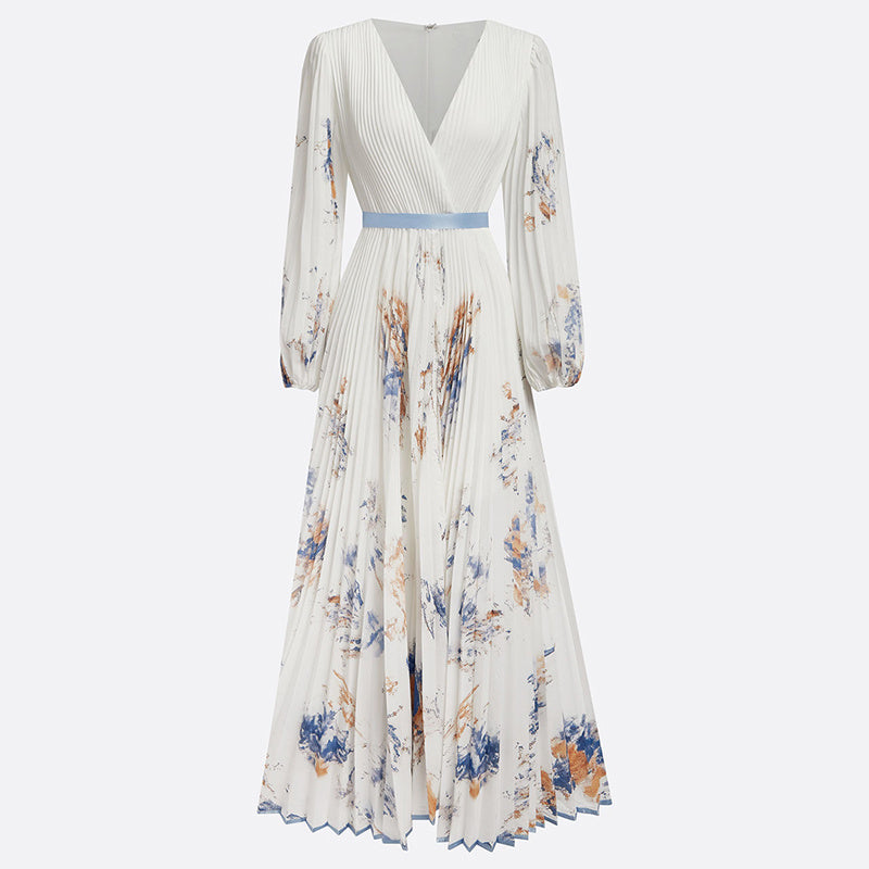 Blue Floral V-Neck Long Sleeve Maxi Dress