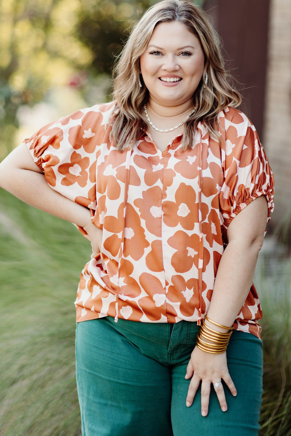 Orange Big Flower V Neck Short Sleeve Blouse