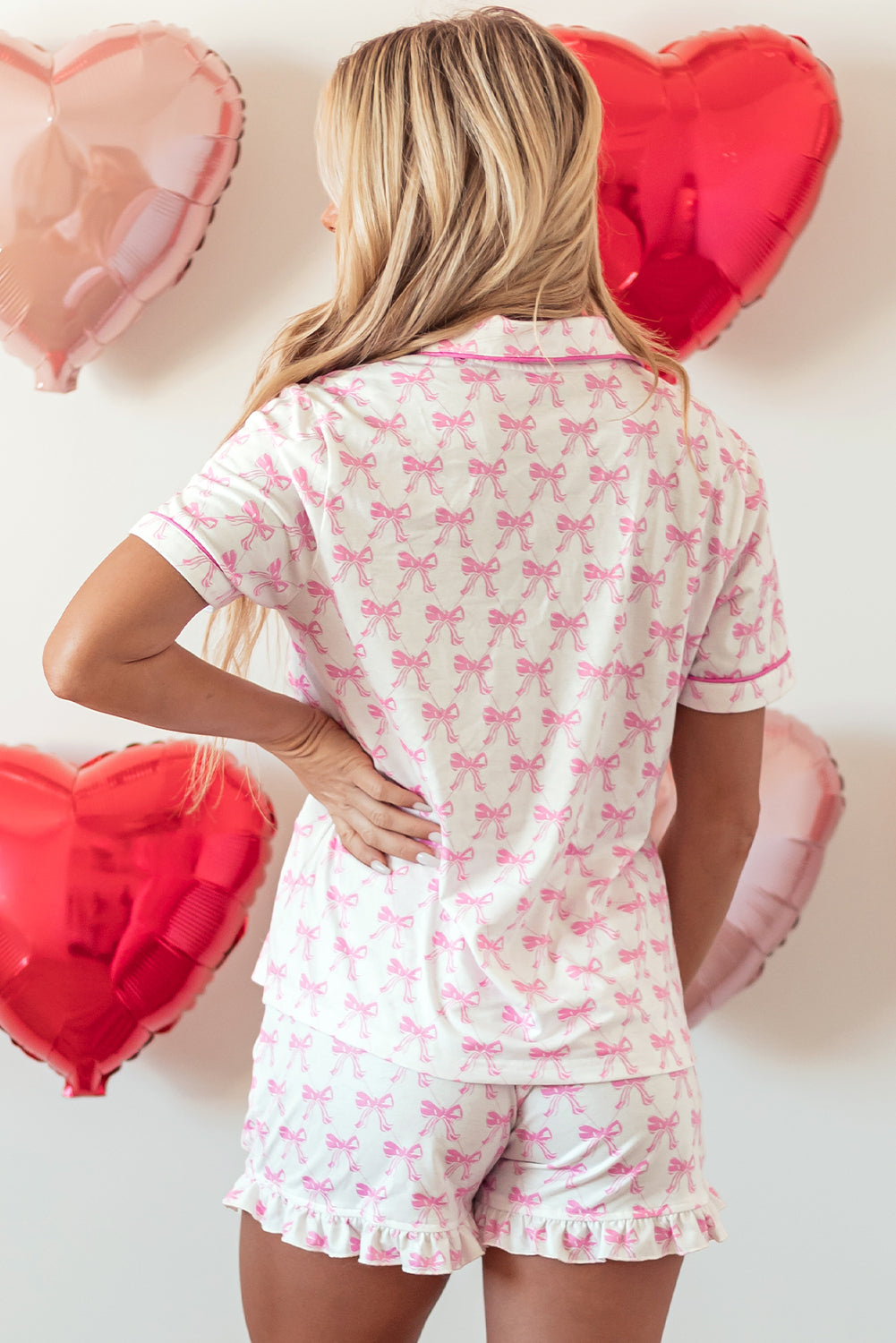 White Pink Bow Print Short Sleeve and Ruffled Shorts Pajama Set