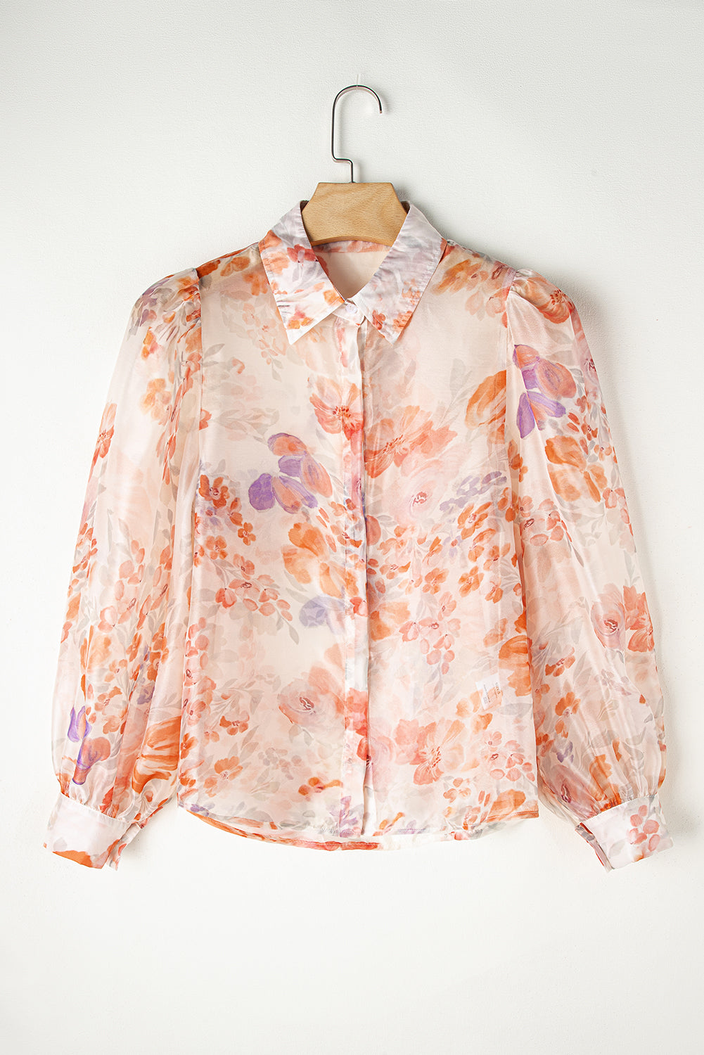 White Floral Long Balloon Sleeve Loose Blouse