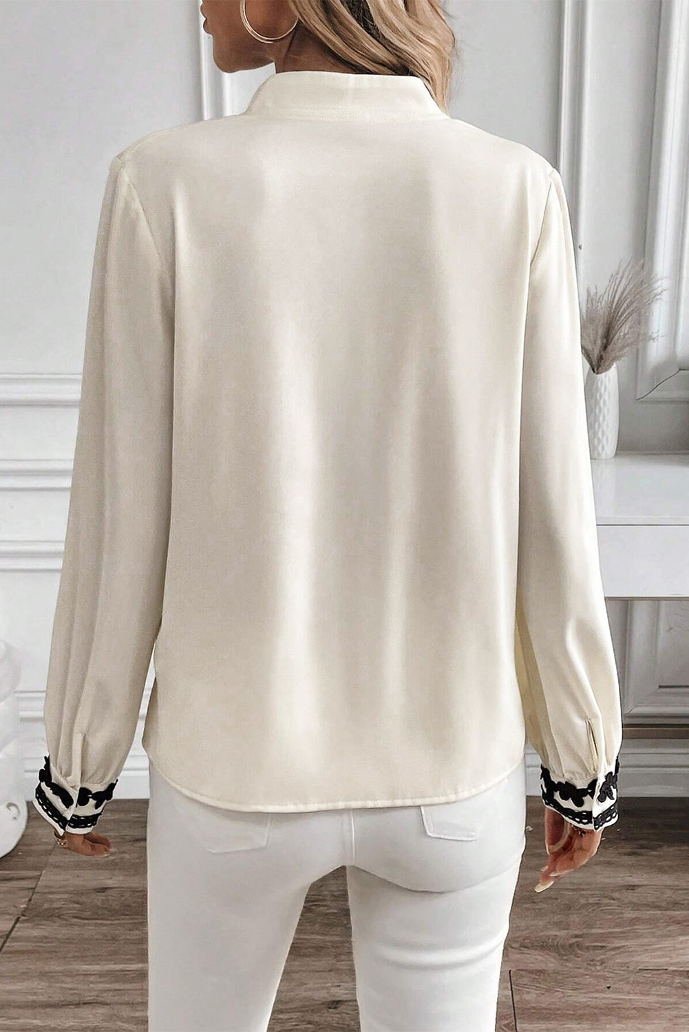 Beige Floral Embroidered Collarless Neck Button Up Shirt