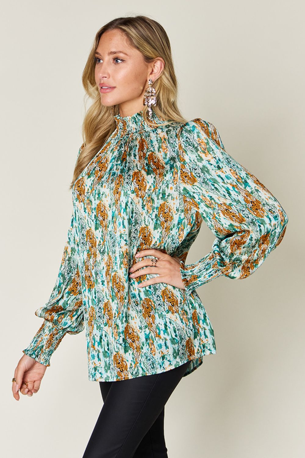 Abstract Smocked High Neck Long Sleeve Blouse