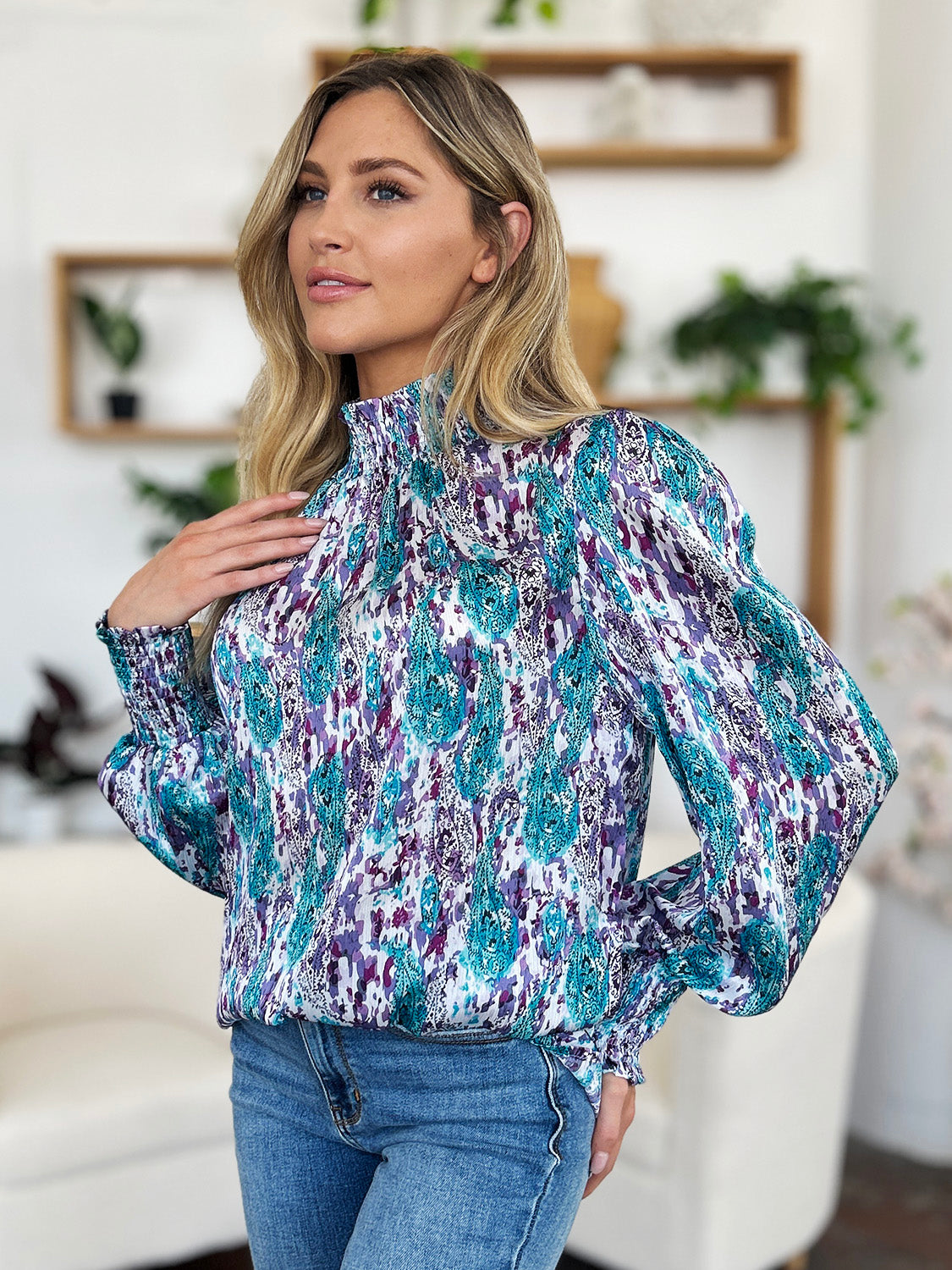 Abstract Smocked High Neck Long Sleeve Blouse