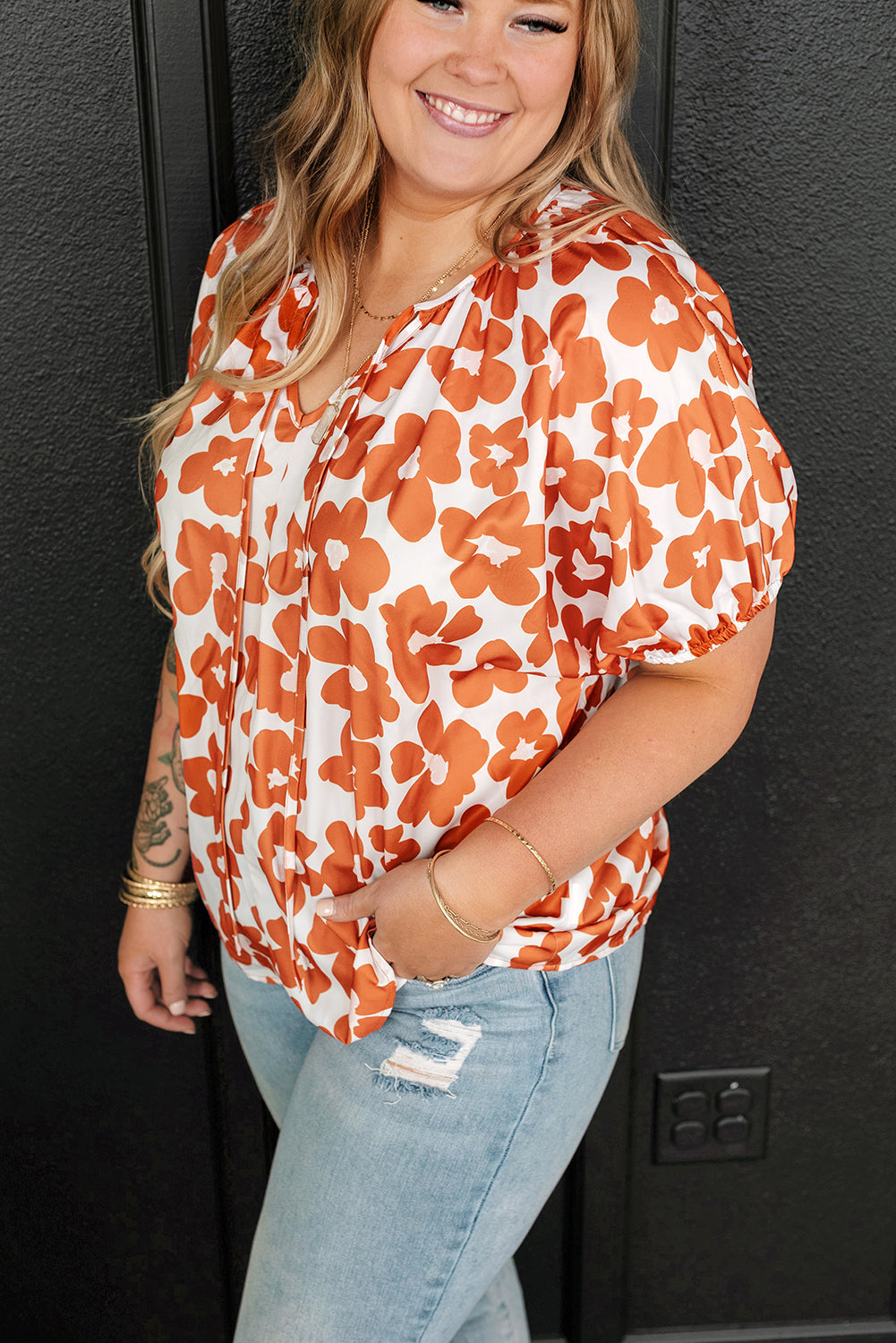 Orange Big Flower V Neck Short Sleeve Blouse