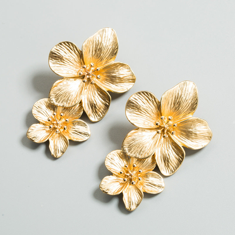Gold Double Flower Earrings