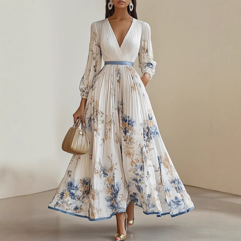 Blue Floral V-Neck Long Sleeve Maxi Dress