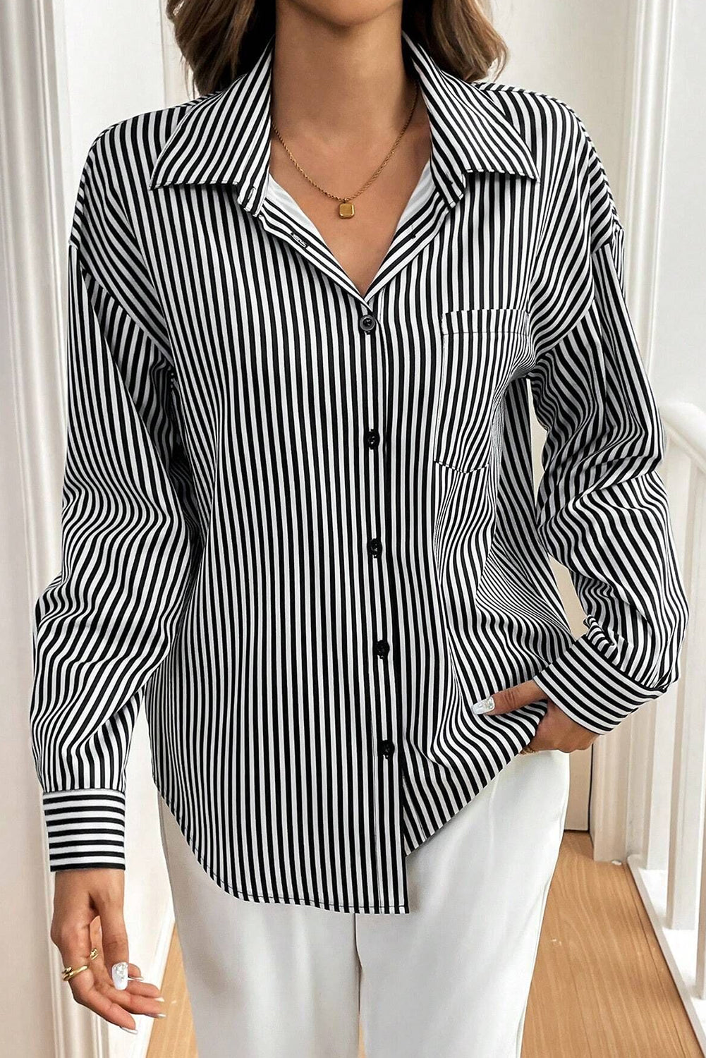 Black Striped Bow Backless Button Shirt