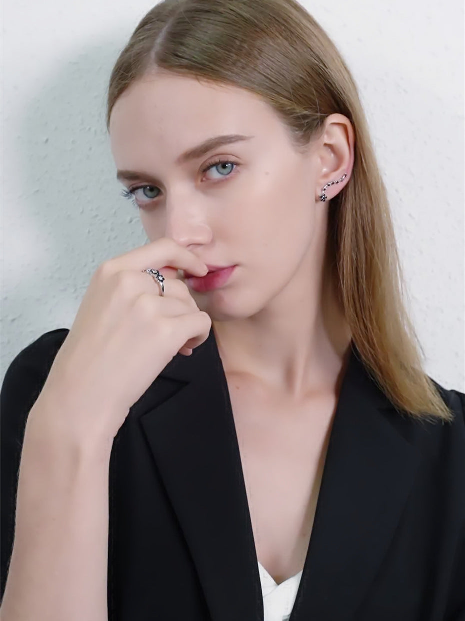 Long Black Floral Zircon Earrings