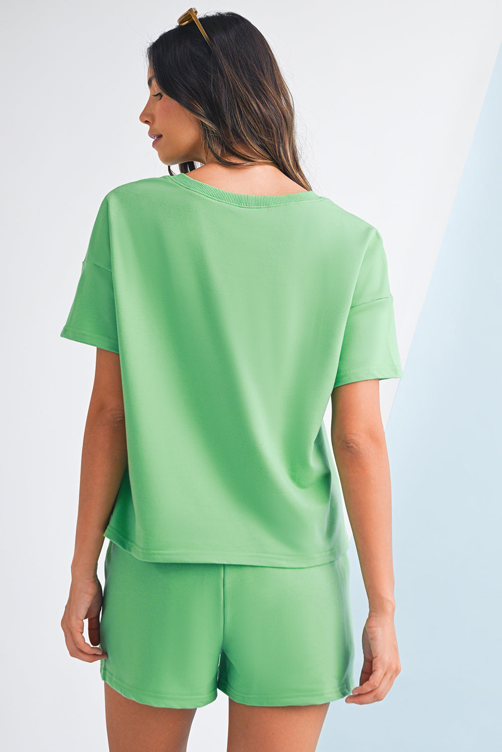 Mint Green V Neck Drop Shoulder Tee and Shorts Set