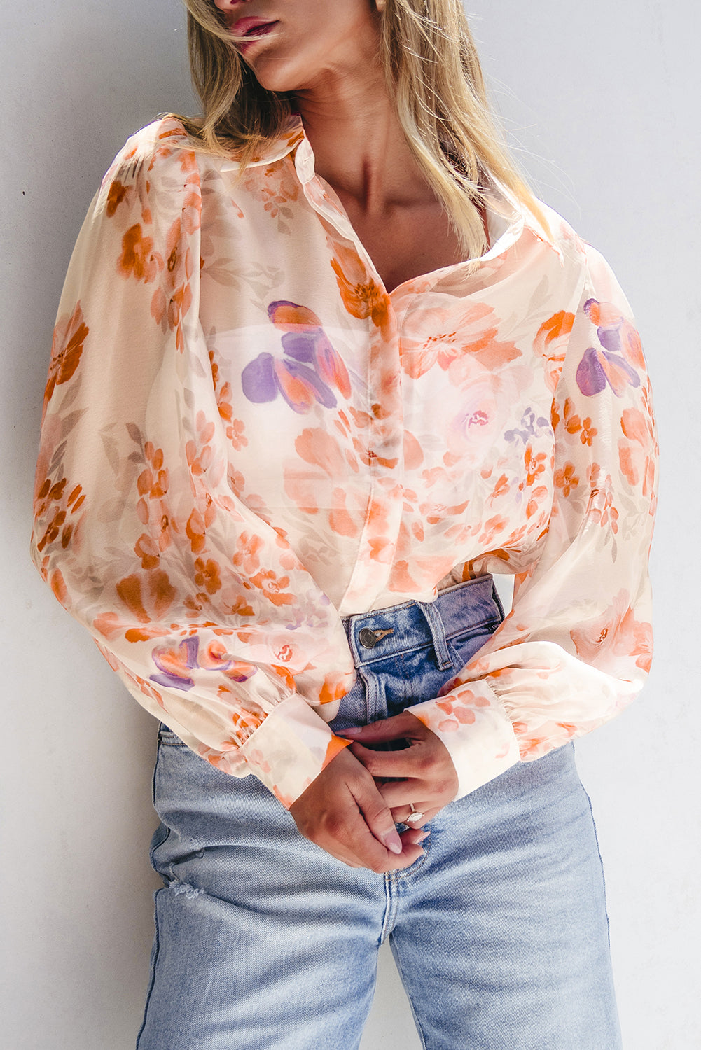 White Floral Long Balloon Sleeve Loose Blouse