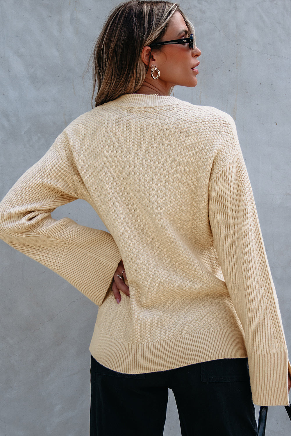 Parchment Textured Knit Split Cuff Drop Shoulder Loose Sweater