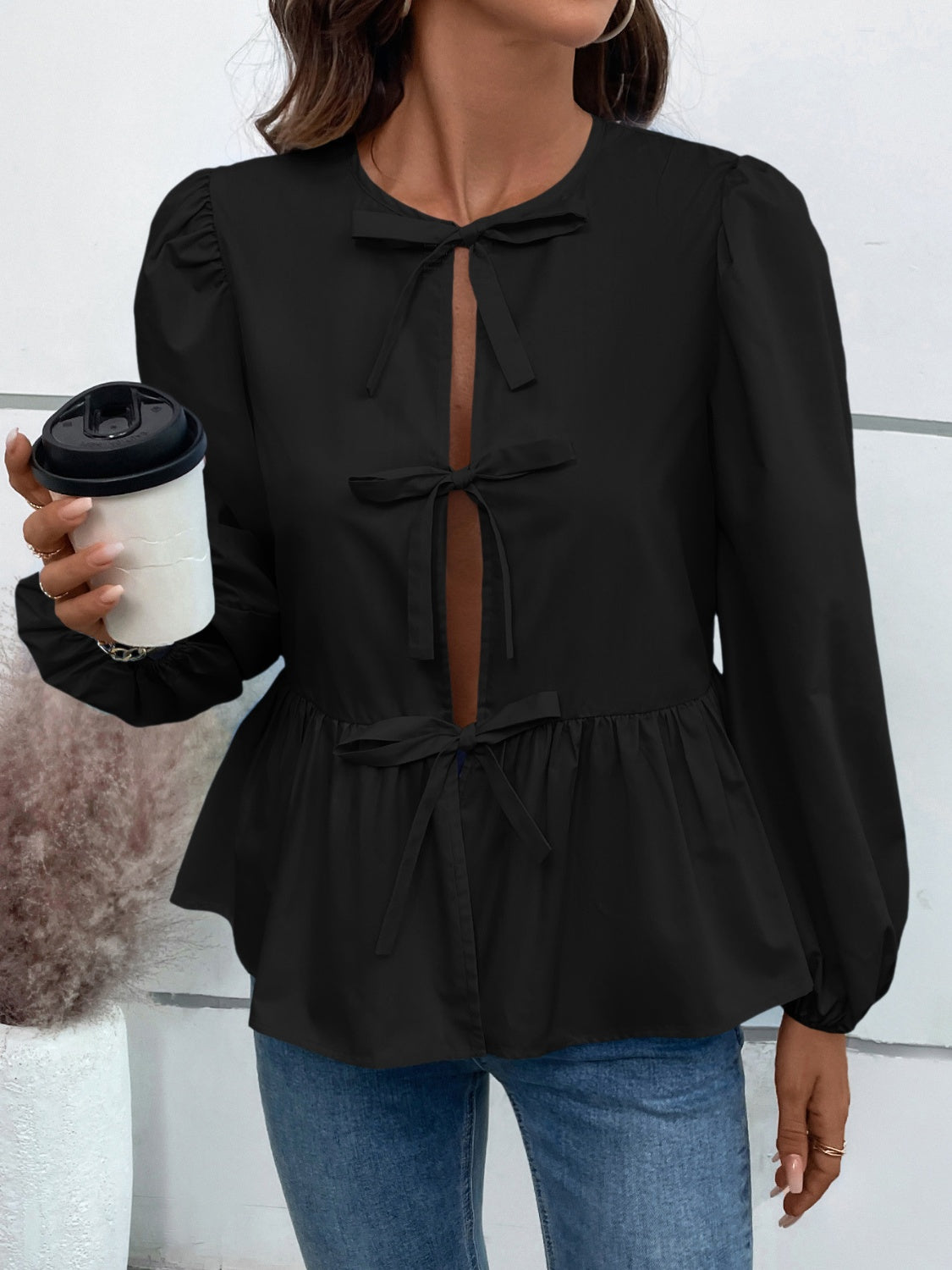 Leopard Peplum Tied Long Sleeve Blouse