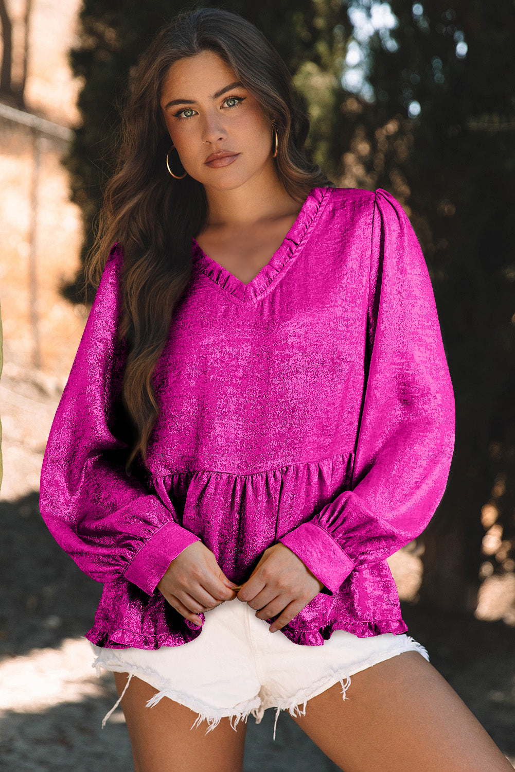 Magenta Metallic Frilled V Neck Blouse