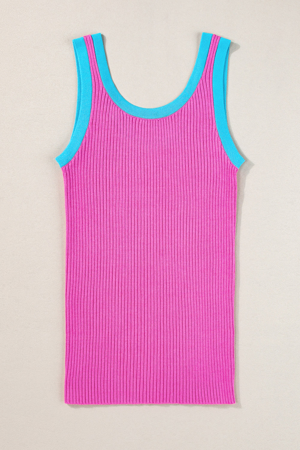 Magenta Colorblock Edge Ribbed Knit U Neck Tank Top