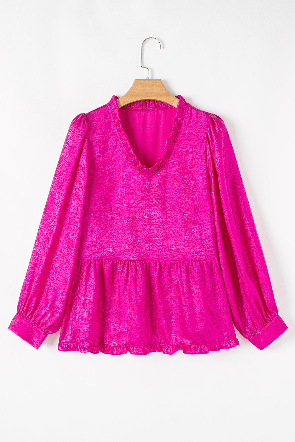 Magenta Metallic Frilled V Neck Blouse