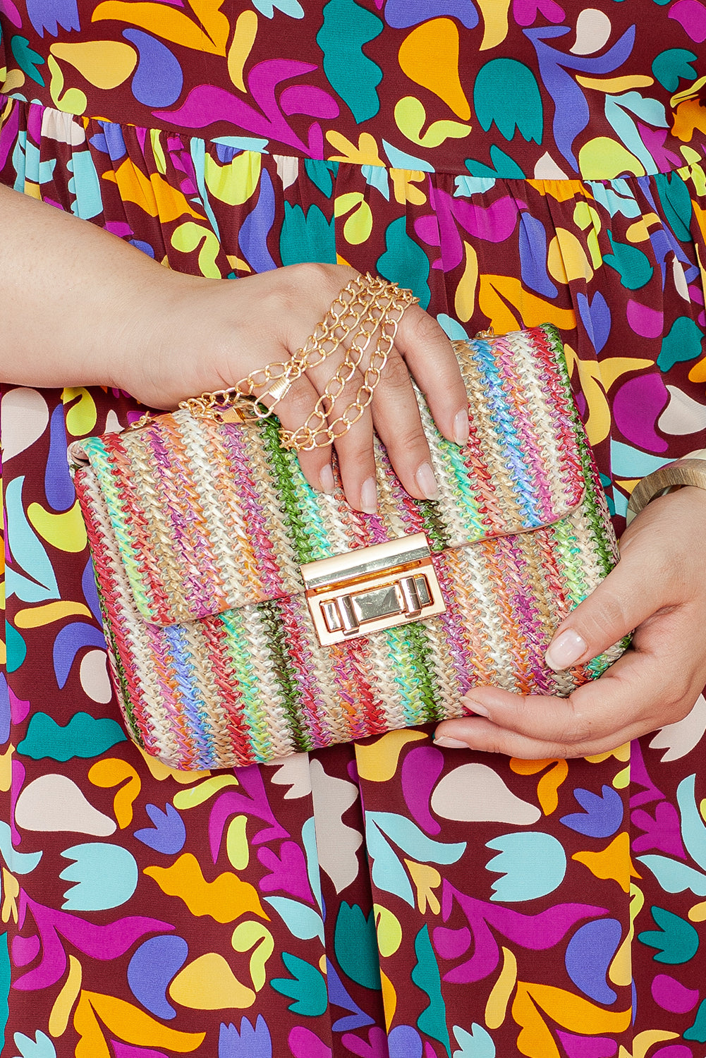 Rainbow Stripe Bohemian Woven Gold Chain Shoulder Bag