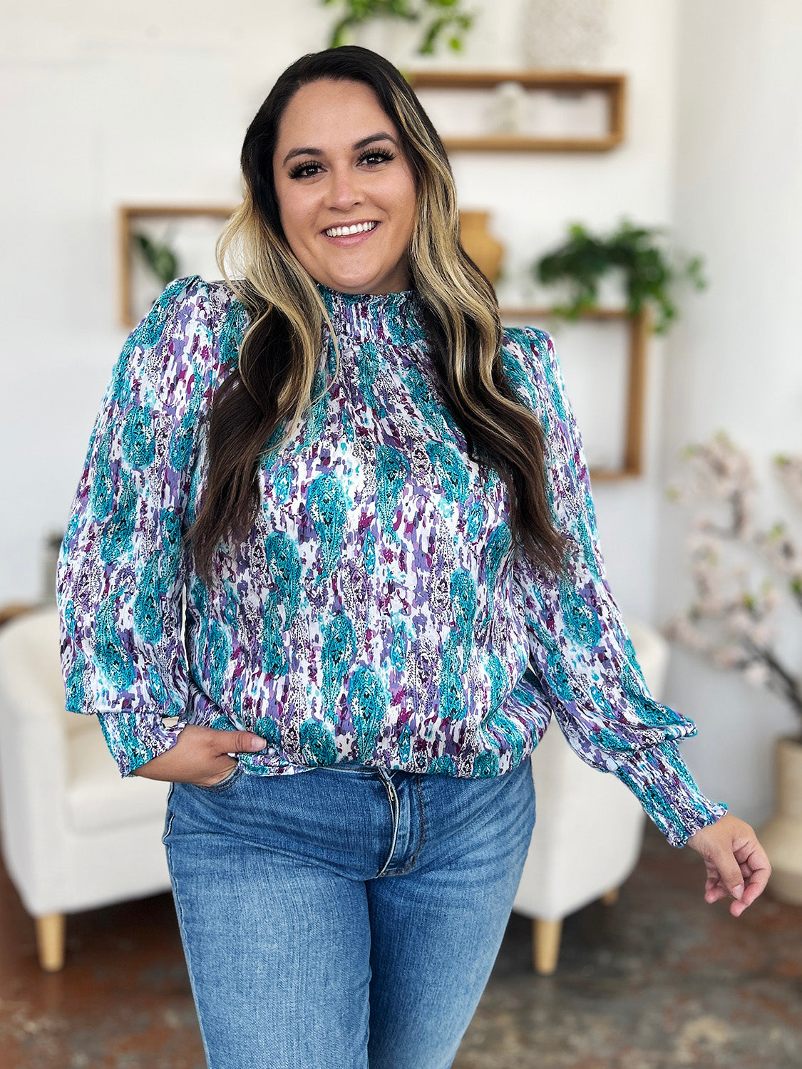 Abstract Smocked High Neck Long Sleeve Blouse