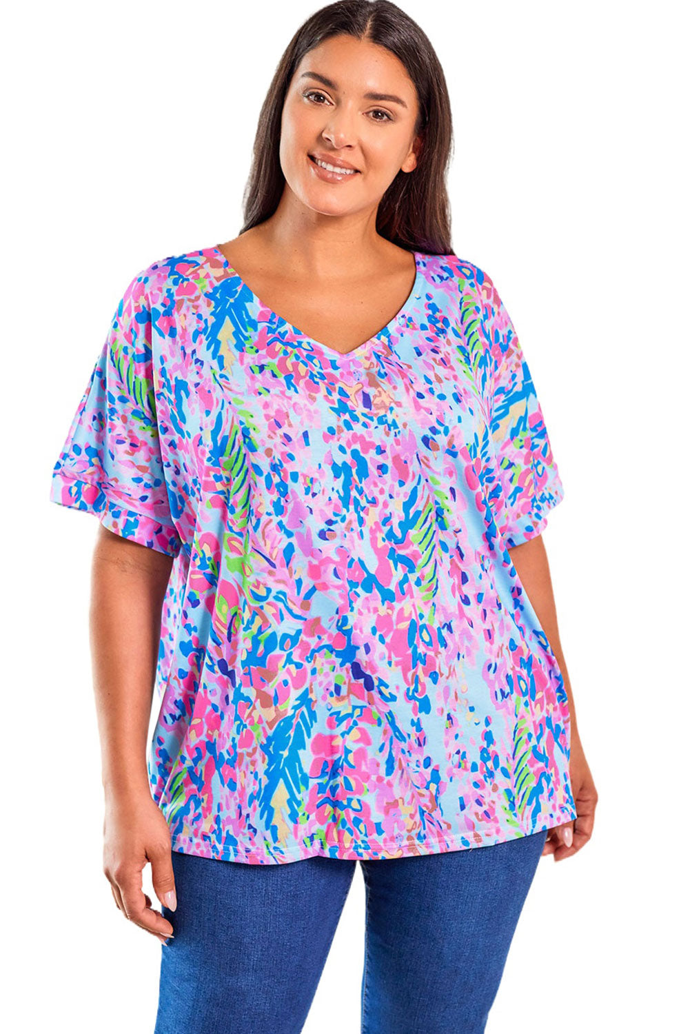 Multicolor Printed 3/4 Sleeve Split Neck Plus Size Tunic Top