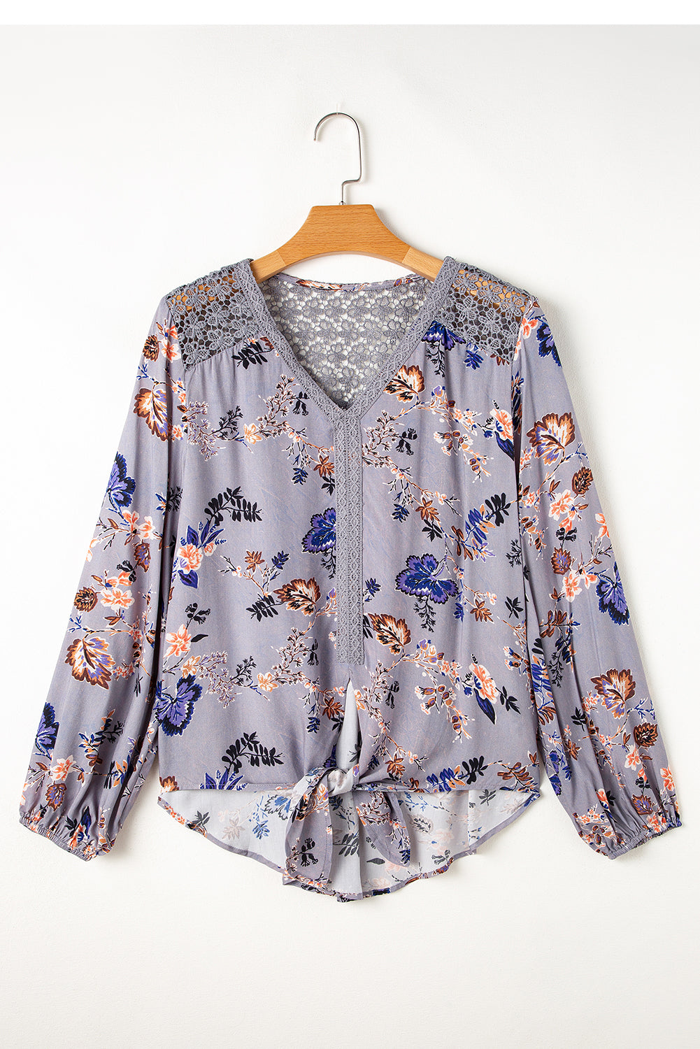 Blue Floral Lace Patchwork Knot Front V Neck Blouse