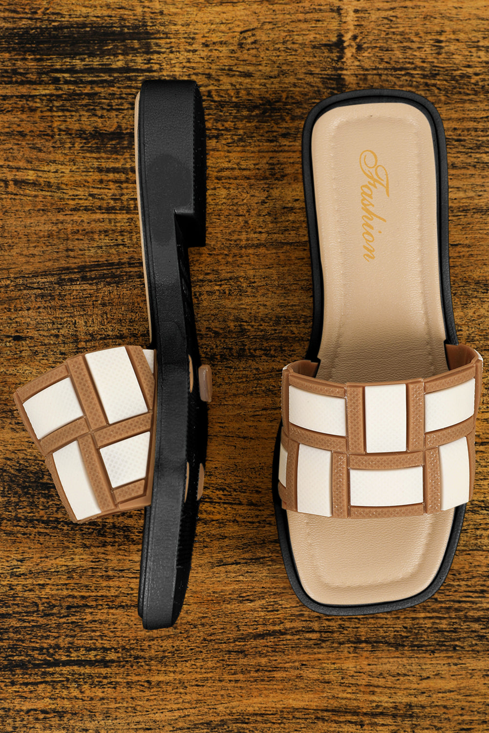 Beige Two Tone Contrast PU Leather Square Toe Slides