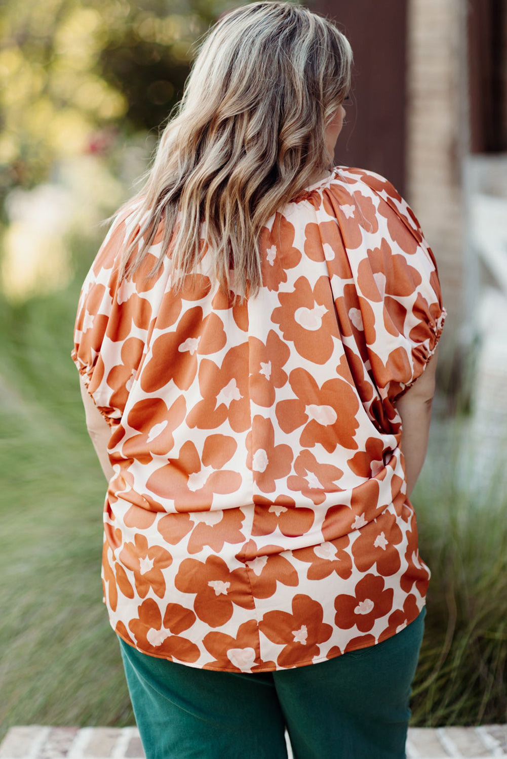 Orange Big Flower V Neck Short Sleeve Blouse