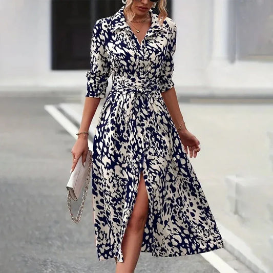 Abstract Print Collared V-Neck Belted Midi Dress Bazarre Mart Long Sleeve Printed Midi