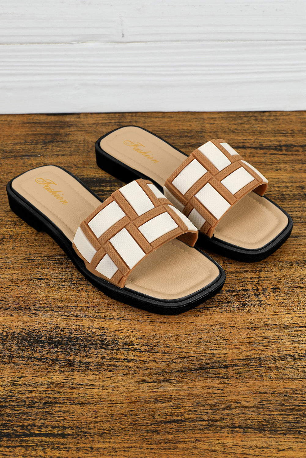 Beige Two Tone Contrast PU Leather Square Toe Slides