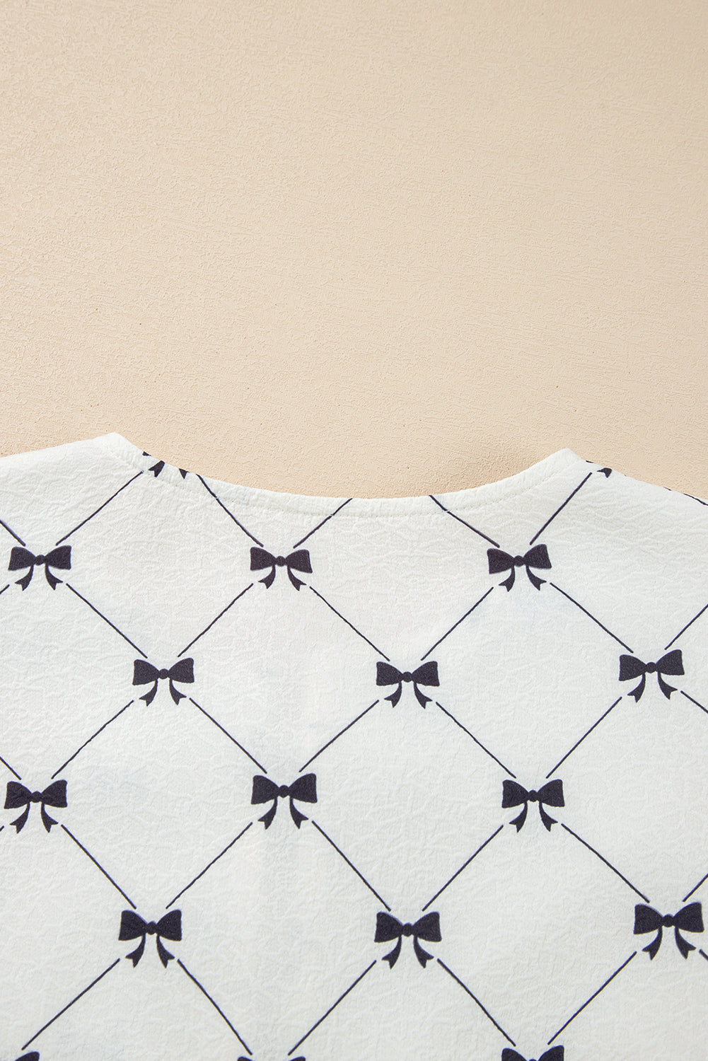 White Bow Print Front Tie Bubble Half Sleeve Blouse