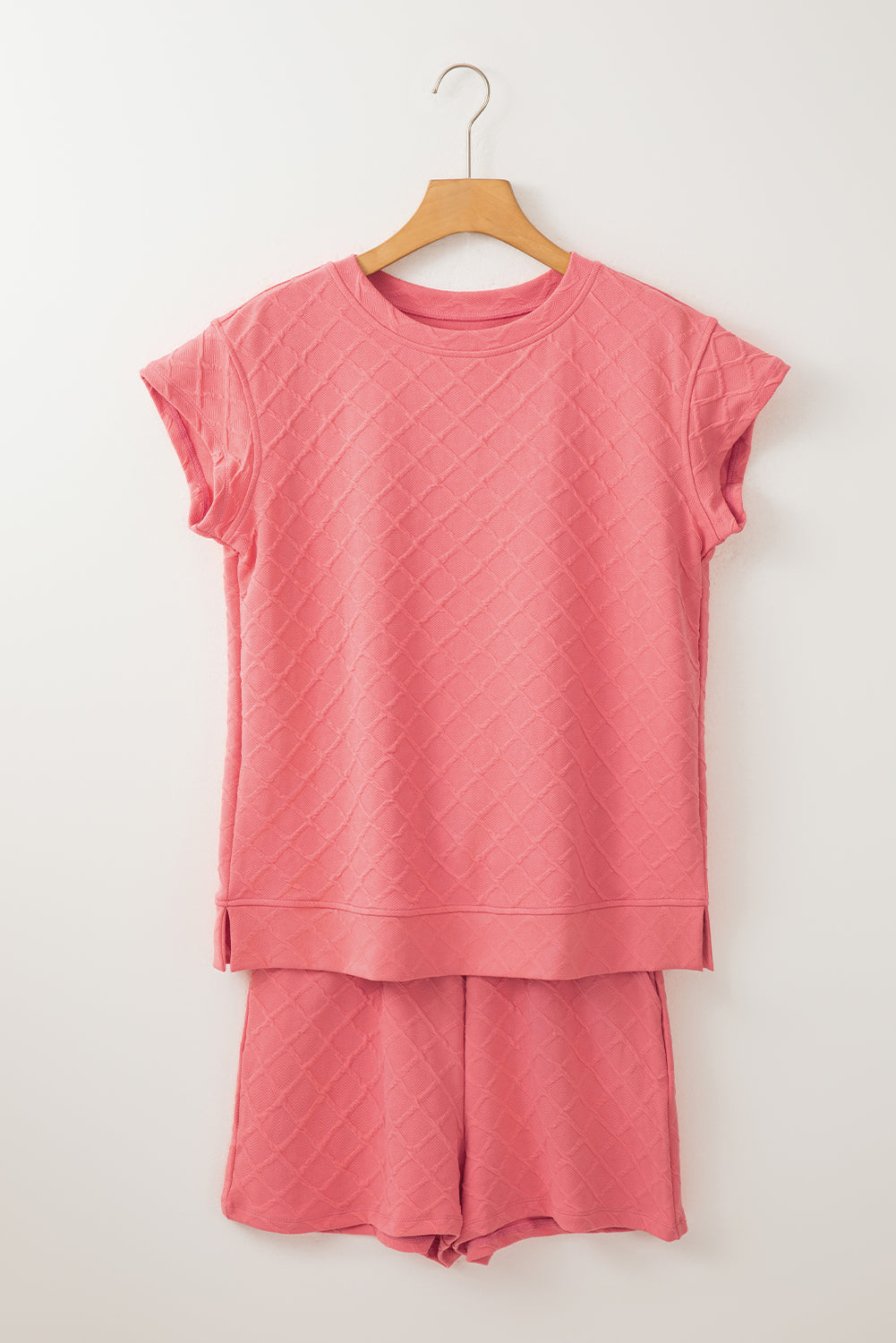 Peach Textured Tee and Drawstring Shorts Set
