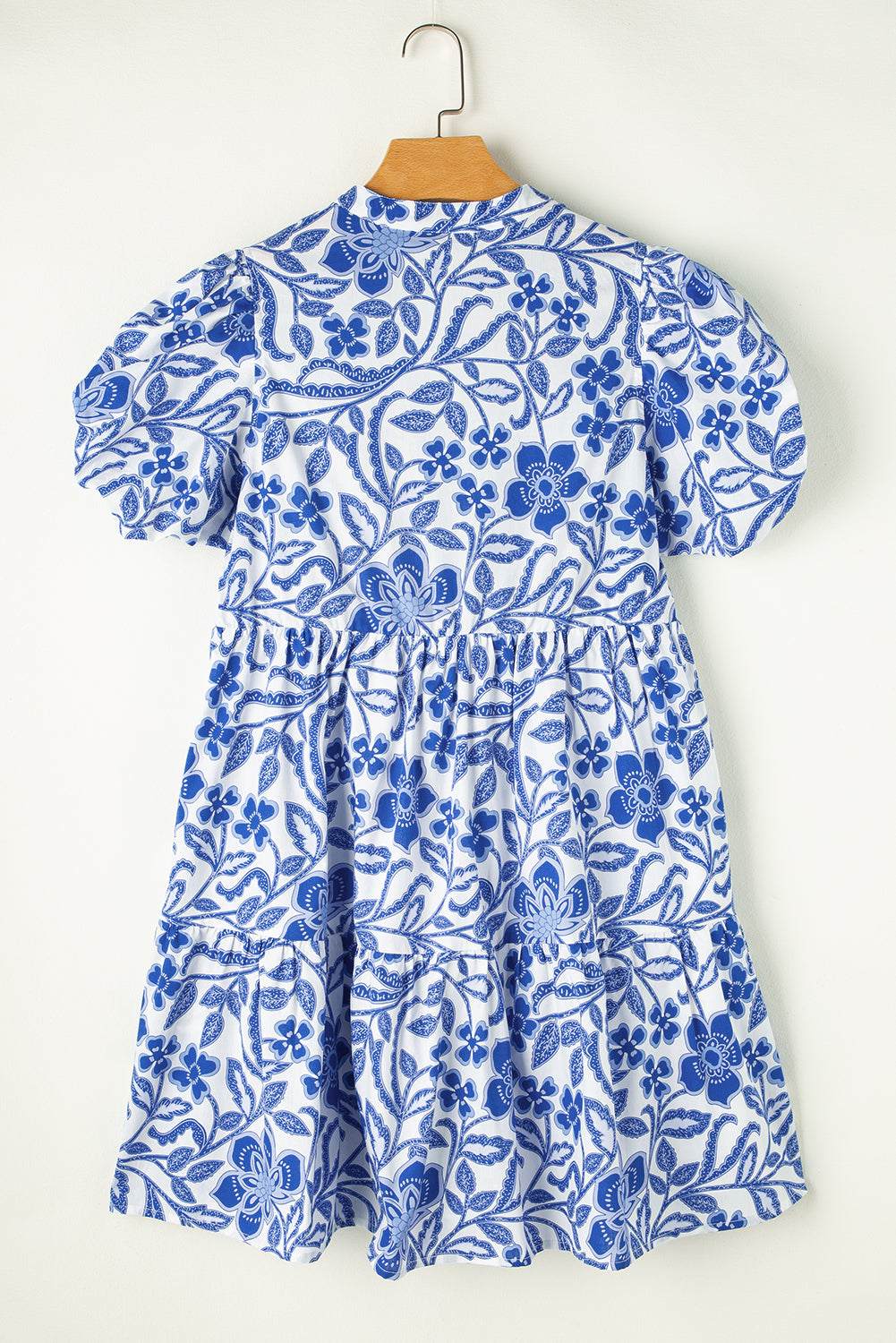 Blue Flower Print Puff Sleeve Tiered Ruffle Mini Dress
